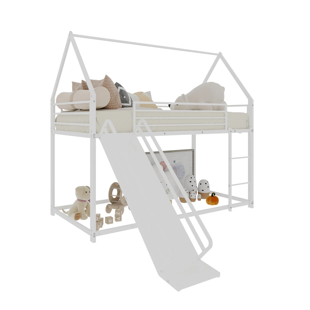 Letto a castello a casetta con scivolo e scala; metallo bianco; 90x190 cm; senza materasso