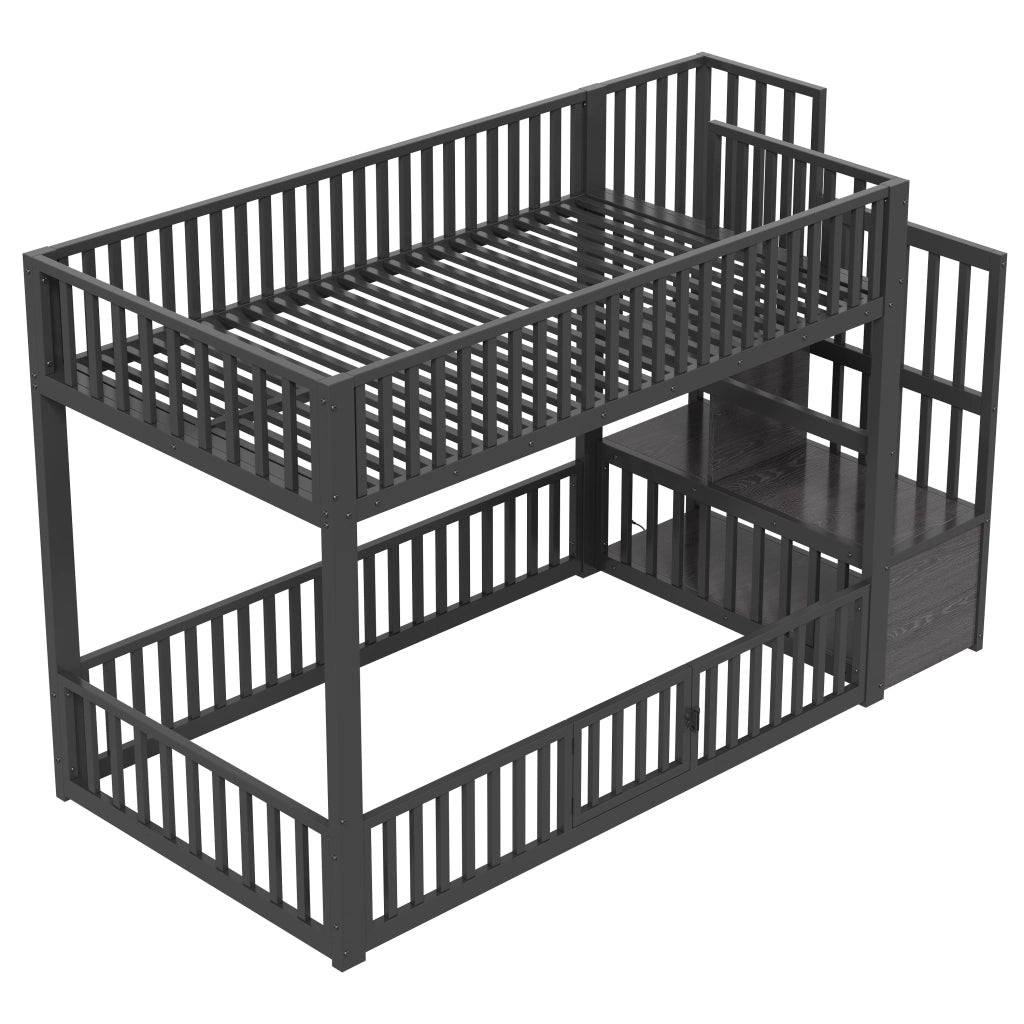 Letto a castello 90x200 nero con scala contenitore; LED e sponde di sicurezza