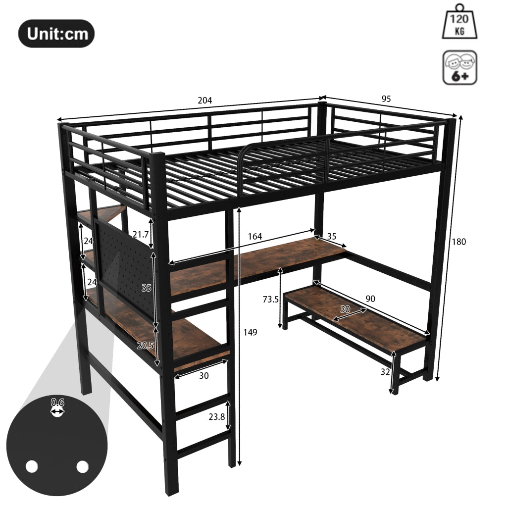 Letto a soppalco 90x200 cm con scrivania e LED; metallo; nero (Senza materasso)