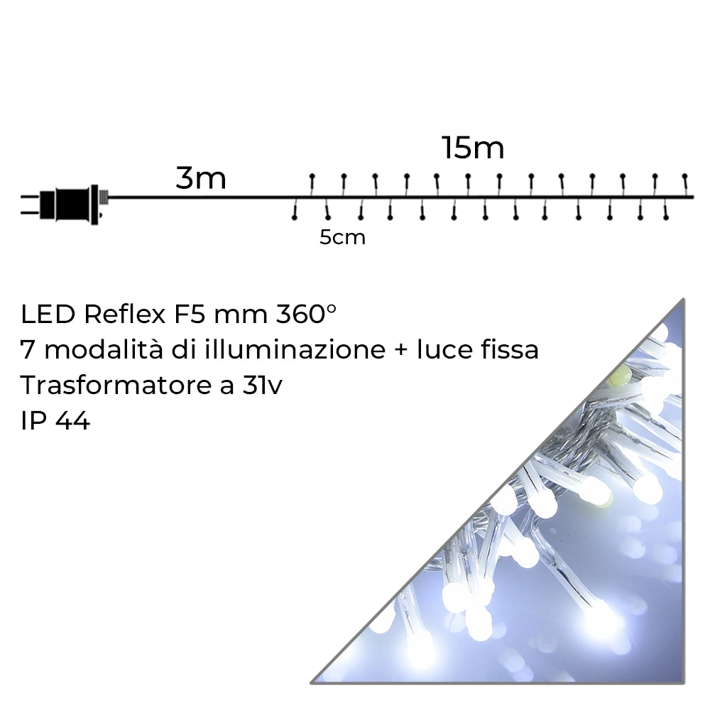 CATENA LUMINOSA DI NATALE A LED DA 300 LUCI BIANCHE FREDDE CAVO TRASPARENTE - TRASFORMATORE A BASSA TENSIONE PER INTERNI ED ESTERNI