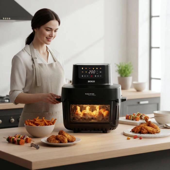 Friggitrice ad aria 6 litri con display digitale, 1600W, 7 programmi preimpostati, cottura senza olio - SOGO