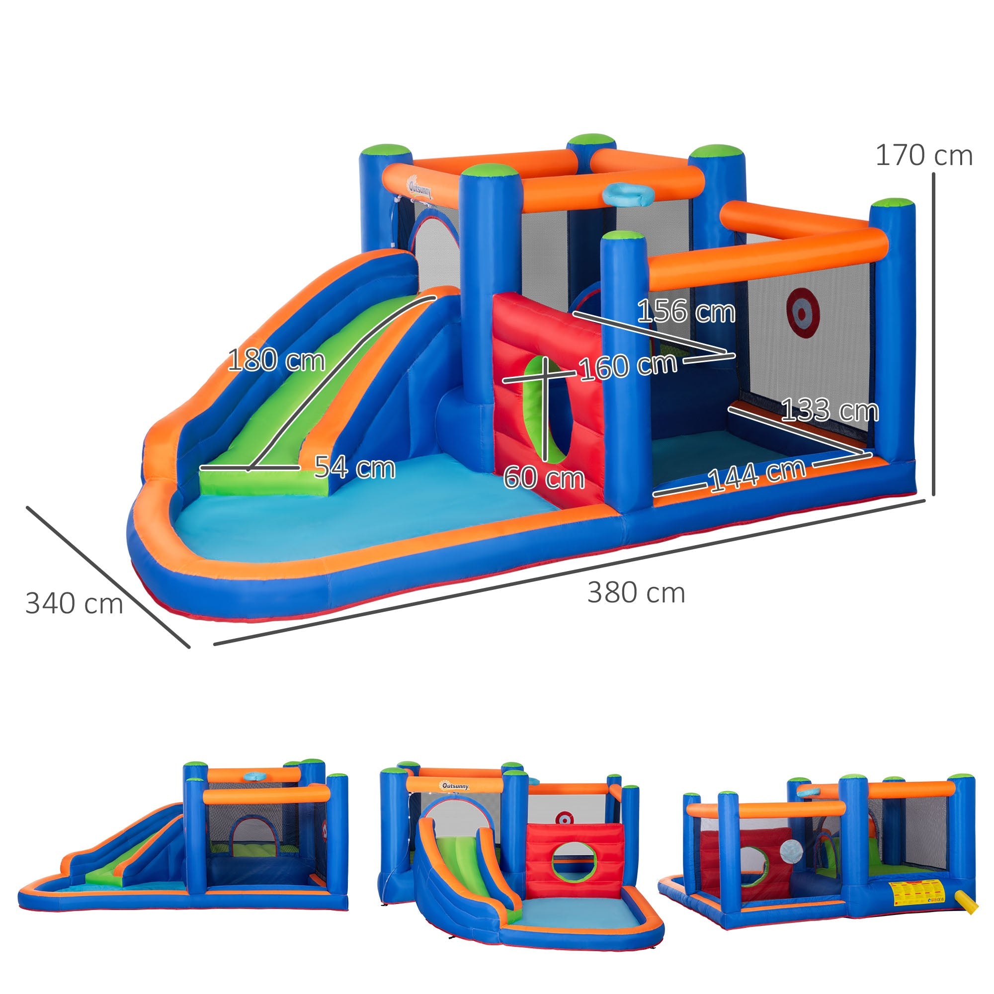 Castello Giostra Gonfiabile 380x340x170 cm con Scivolo Piscina e Pompa Multicolor