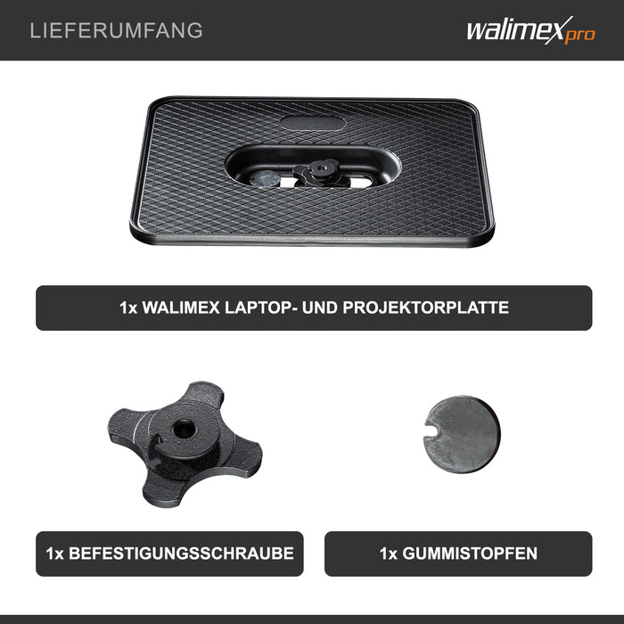 Walimex Pro Laptop Stand 140 cm - stabile e comodo supporto per proiettore e notebook con piastra per laptop + proiettore, regolabile in altezza, altezza massima 140 cm, in alluminio, con borsa