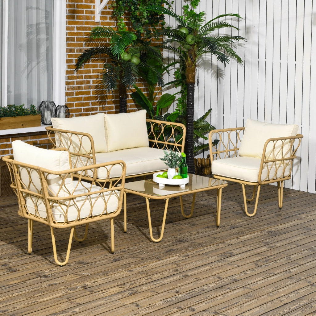 Set divano 2 posti + 2 poltrone + tavolino in vetro ¨C zephmum ¨C 7 cuscini ecru