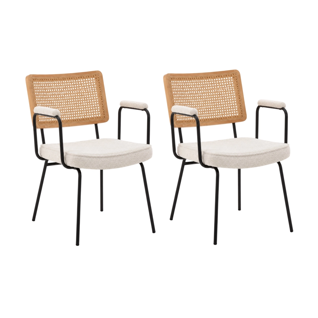 Set di 2 sedie da pranzo 38x57.5x61.5 cm con braccioli; in chenille e metallo; avorio
