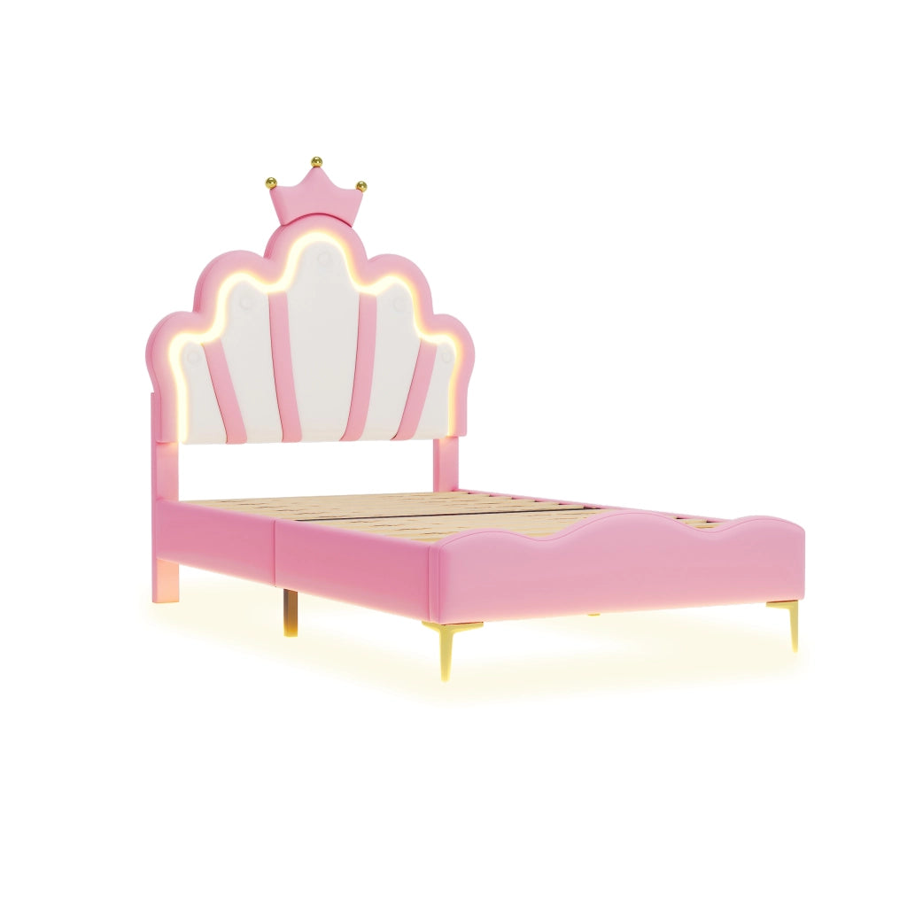 LETTO 90x200 cm Rosa in PU con LED, testiera a forma di nuvola e corona
