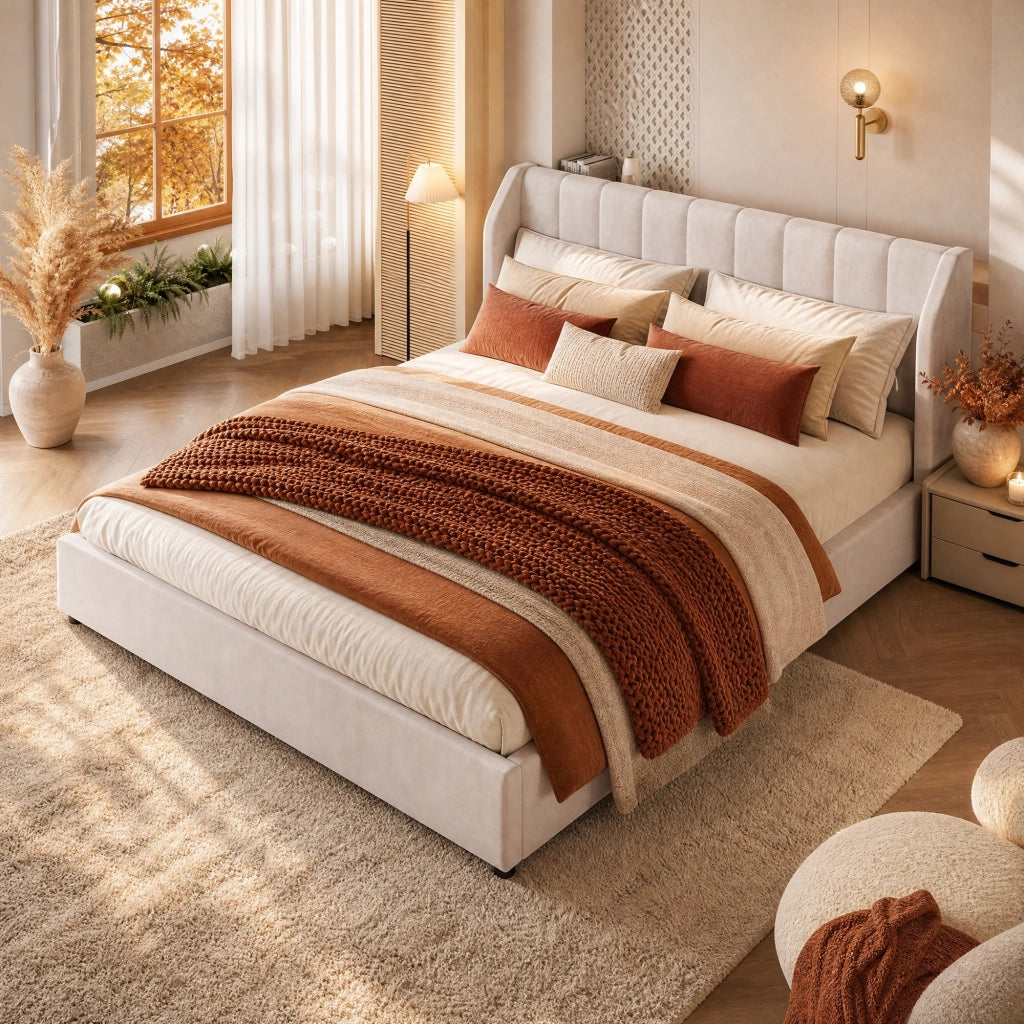 Letto Matrimoniale 180x200 cm; con Rete a Doghe; Testiera Imbottita e Cuscini - Beige