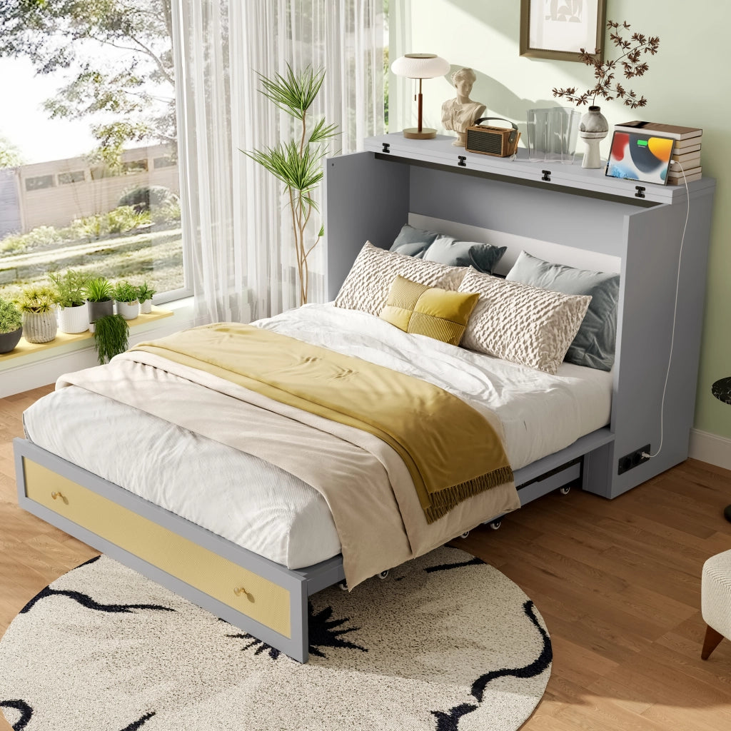 Letto Contenitore 140x200 cm; USB e presa; con cassetto e ripiano; in MDF; Grigio