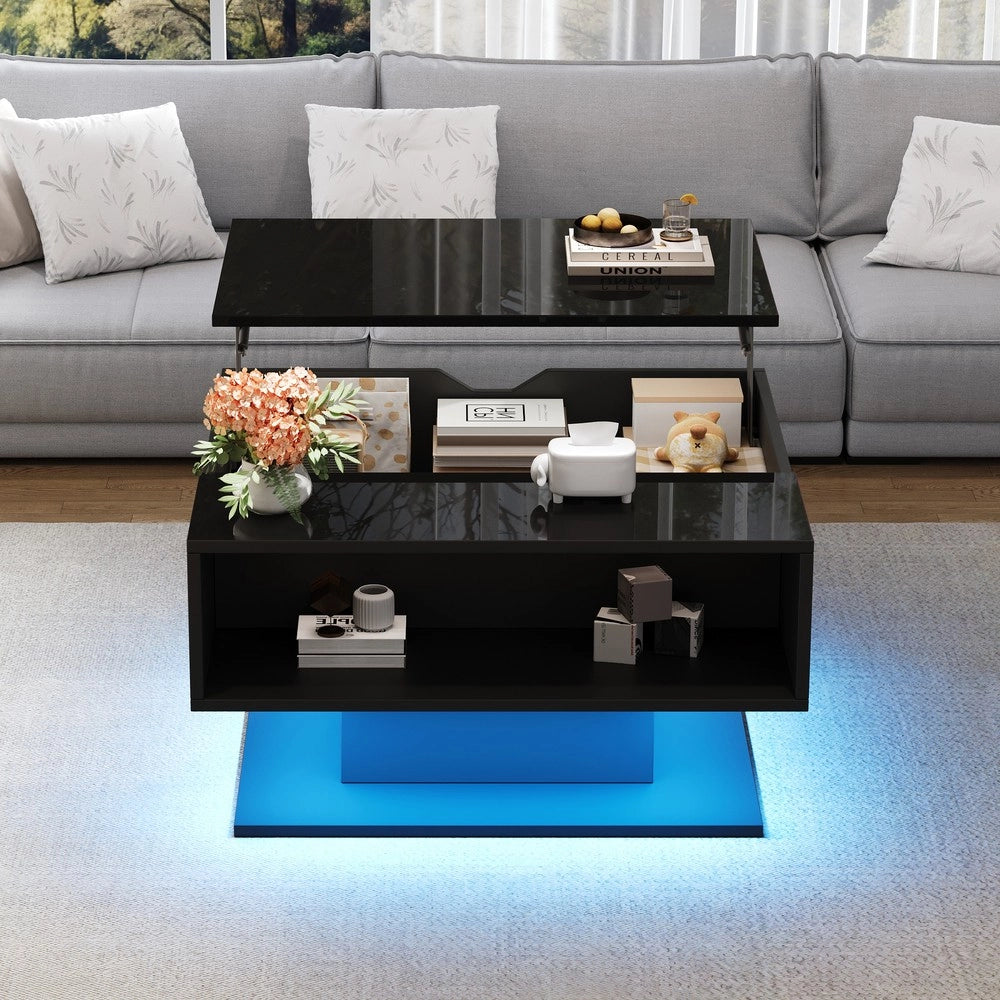 Tavolino da Caff¨¨ con Vano Contenitore e Piano Sollevabile ¨C MINIMAL ¨C Nero Lucido 80x75x40