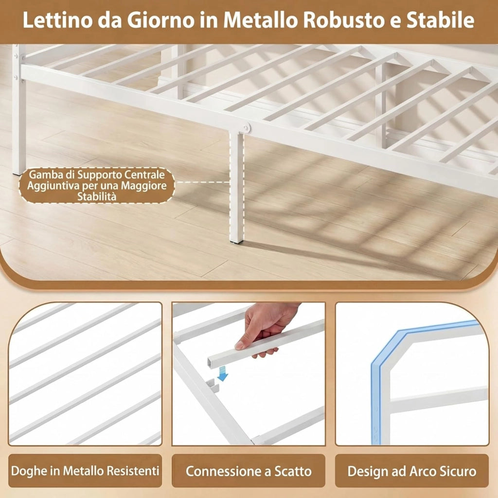 Letto Estraibile, Divano Letto Singolo con Luci LED e Stazione di Ricarica, Lettino Matrimoniale con Struttura in Metallo, 2 Pz 90x200 cm, per Soggiorno e Camera da Letto (Bianco)