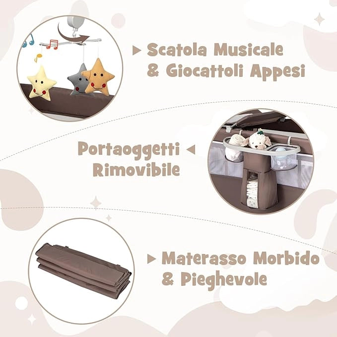 4 in 1 Lettino per Bambini con Materasso, Lettino Culla da Viaggio per Neonati, Culla Neonato con Fasciatoio, Box Portatile Pieghevole, con Ruote e Borsa, 125 x 65 x 119 cm (Caffè)