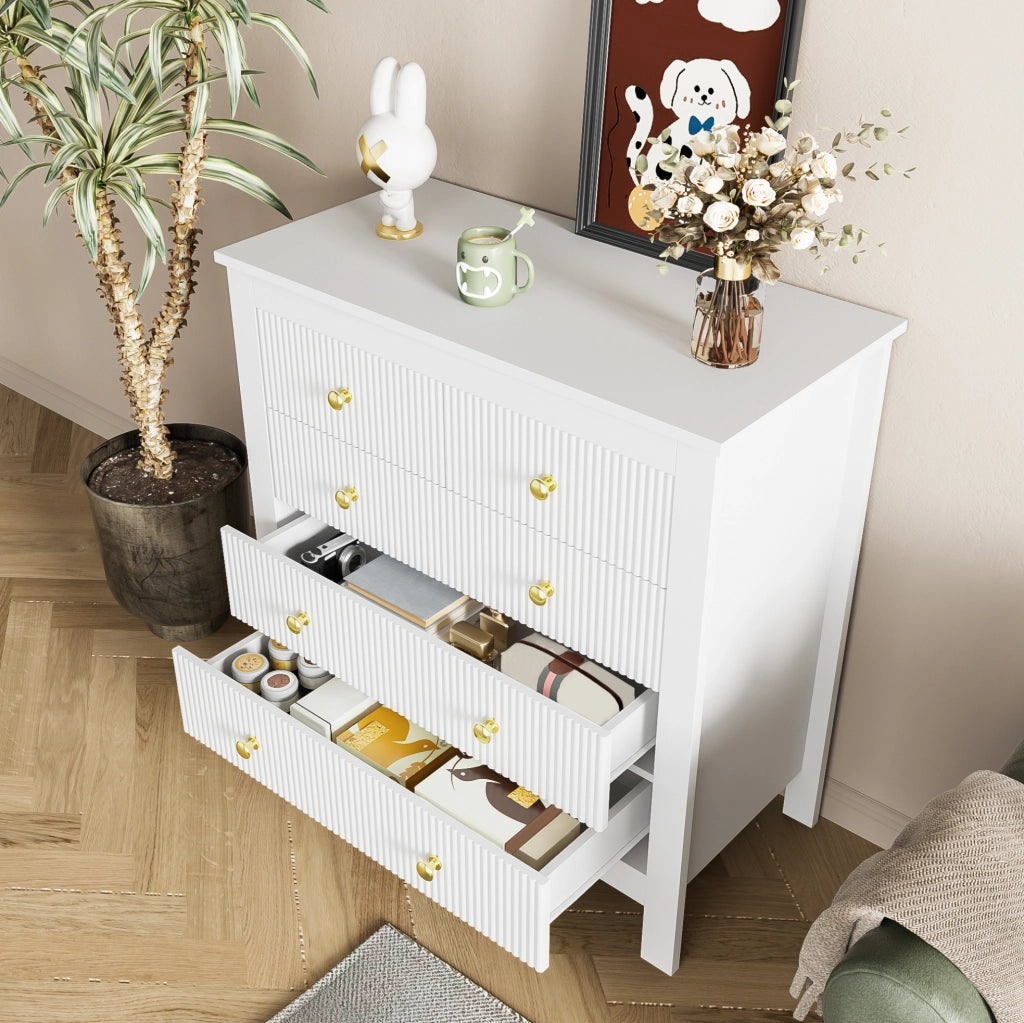 Cassettiera 79x80.5x39.5 cm con 5 cassetti; maniglie dorate; truciolare bianco