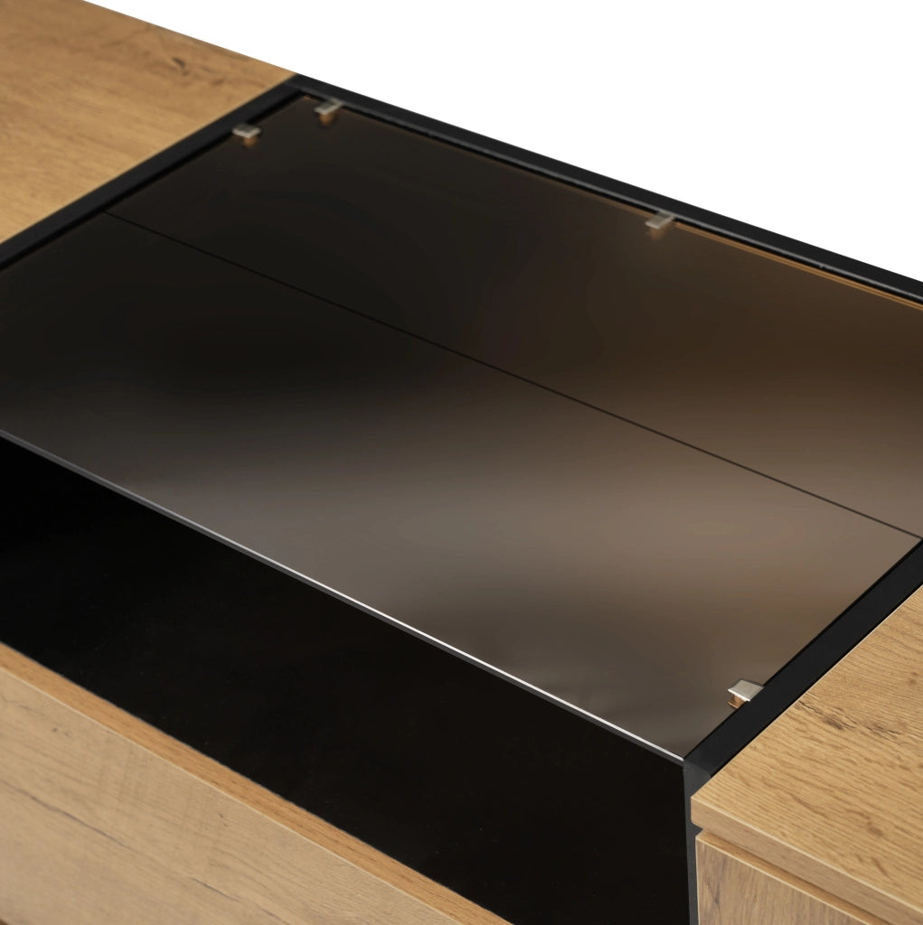 Credenza 140x40x70 cm con 2 cassetti; 2 ante e vano aperto in legno; vetro e metallo rovere chiaro