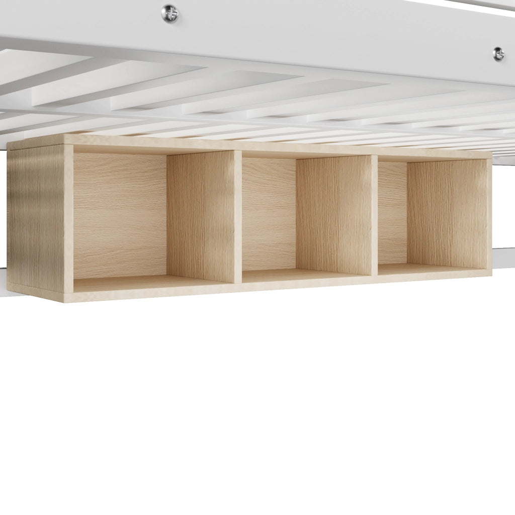 Letto a castello in metallo 90x200/140x200 cm con scala contenitore; 3 vani; LED e certificazione EN747; bianco
