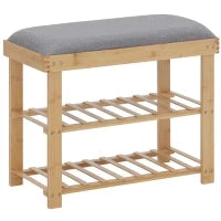 Scarpiera Panca a 2 Ripiani con Cuscino, in Bambù, Grigio