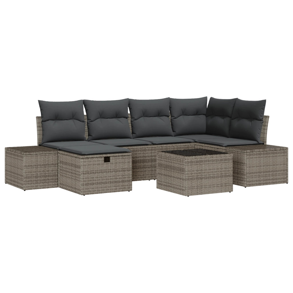 Set di Divano da Giardino da 7 Pezzi con Cuscini Grigio in Polyrattan