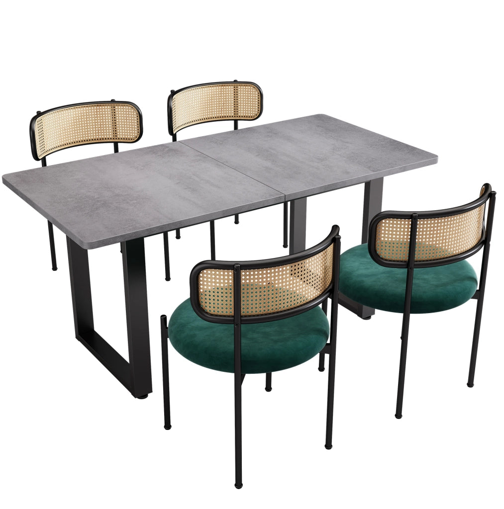 Set tavolo da pranzo e sedie con schienale in rattan; gambe in metallo; truciolato; nero e grigio