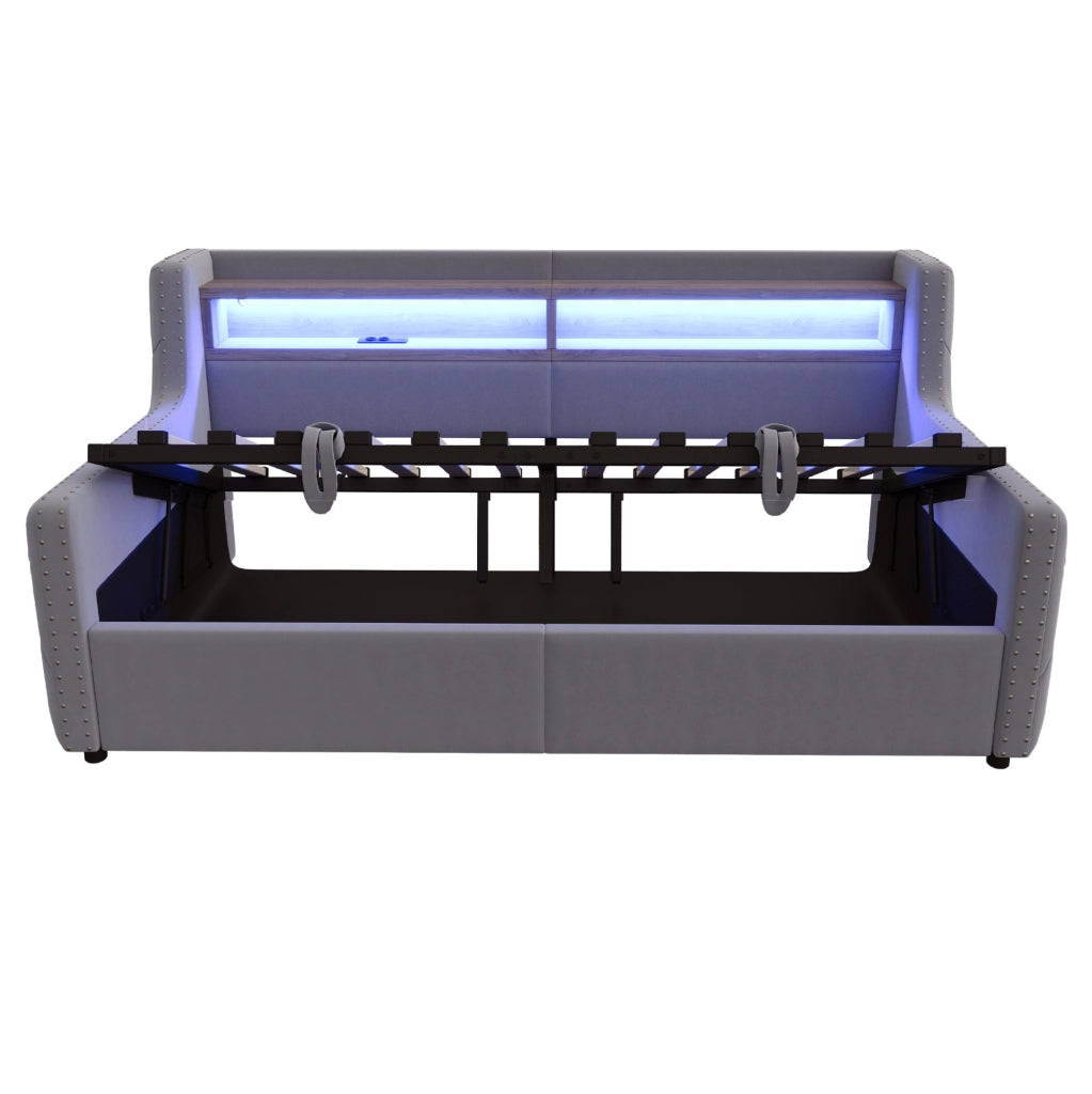 Divano letto imbottito 90 x 200 cm con contenitore; LED e presa integrata; in velluto grigio scuro