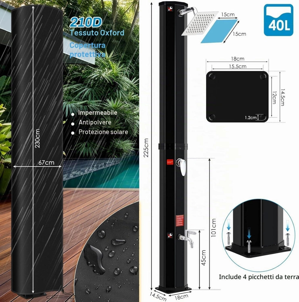 Doccia Solare 40 L, Doccia Solare da Giardino, con Soffione a Pioggia, Rubinetto, Attacco per Tubo da Giardino e Custodia Protettiva, Doccia per Piscina Senza Elettricità, Acqua Calda fino a 60 °C