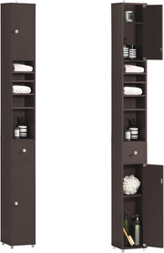 Mobile Bagno Stretta – Colonna Bagno Idrorepellente, Alto con Ripiani Regolabili e Cassetto – Armadietto Salvaspazio, MDF, Marrone scuro, 20x180x20cm, BZR34-II-BR