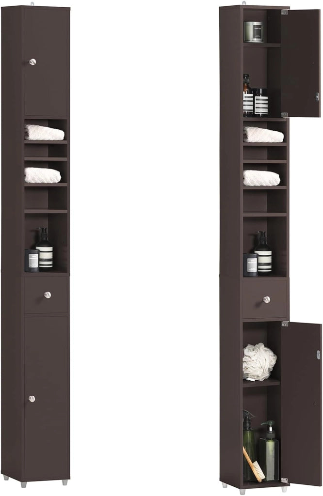 Mobile Bagno Stretta – Colonna Bagno Idrorepellente, Alto con Ripiani Regolabili e Cassetto – Armadietto Salvaspazio, MDF, Marrone scuro, 20x180x20cm, BZR34-II-BR