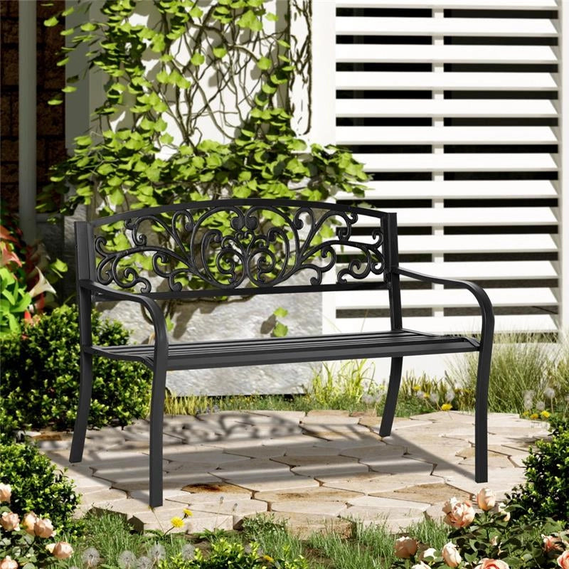 PANCHINA DA GIARDINO CON SCHIENALE DECORATO 127 X 60 X 87 CM METALLO NERO