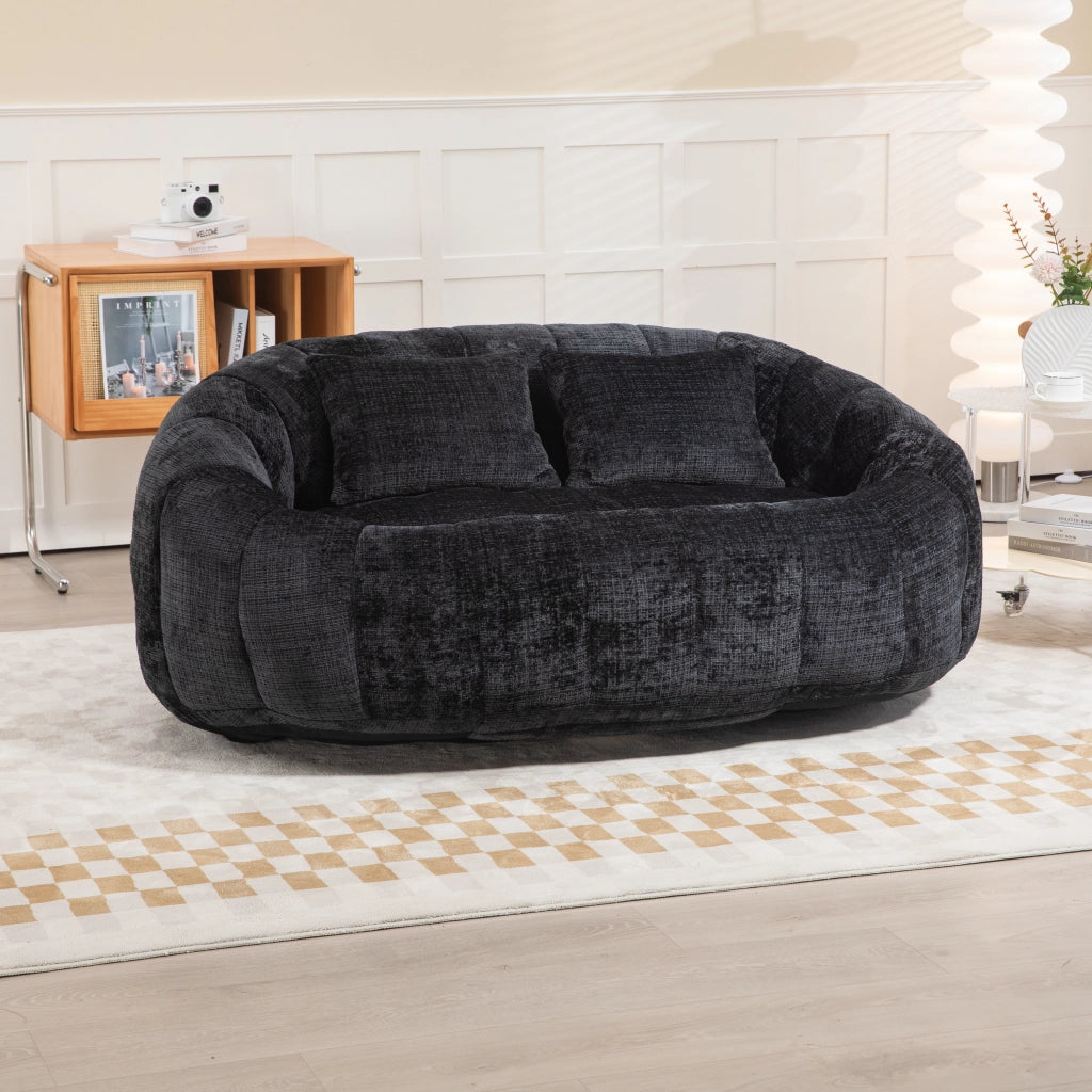 Poltrona Pouf Relax con Schienale Alto e Braccioli per Soggiorno Camera in Ciniglia Nero 150 × 95 × 63 cm