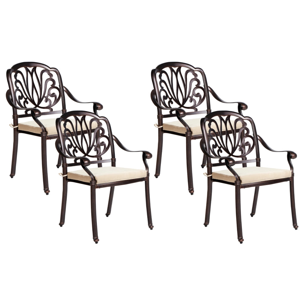 Set di 4 sedie da pranzo da giardino in alluminio marrone con cuscini da esterno vintage