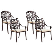 Set di 4 sedie da pranzo da giardino in alluminio marrone con cuscini da esterno vintage