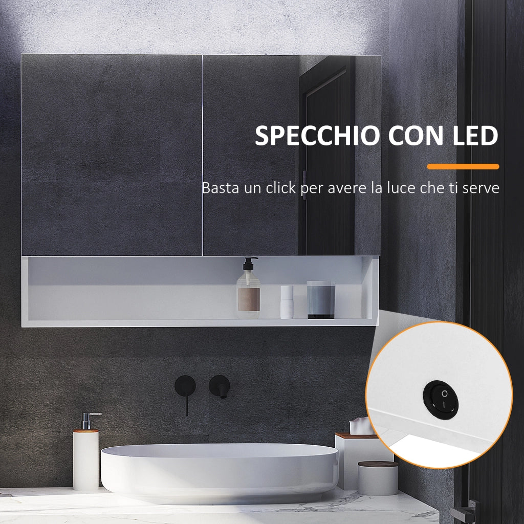 EasyComfort Armadietto con Specchio a Muro, Luci a LED, Ripiano Aperto e Ripiano Interno, 80x15x60cm