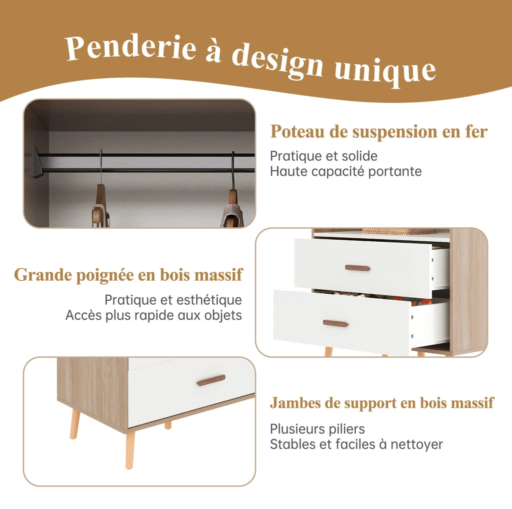 Armadio aperto per bambini con cassetti, bianco e legno