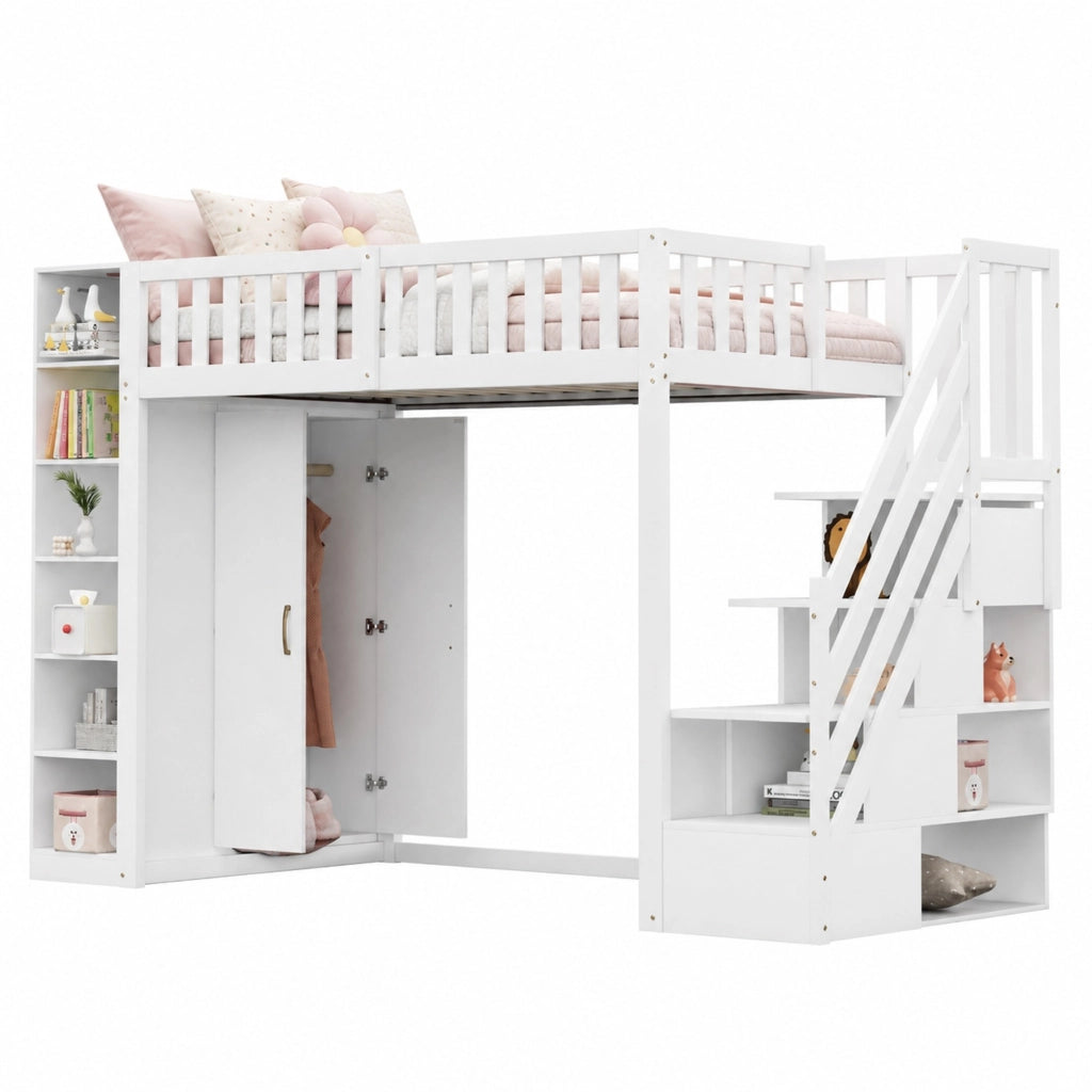 Letto a soppalco 90 x 200 cm con armadio, ripiani e scala contenitore