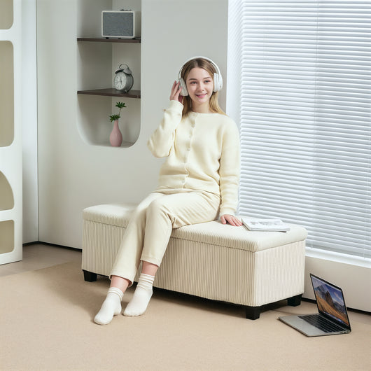 Panca Fondo Letto 112x42x40 cm con Spazio Contenitore da 84L in Tessuto Effetto Velluto a Coste e Acciaio Beige