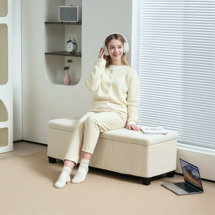 Panca Fondo Letto 112x42x40 cm con Spazio Contenitore da 84L in Tessuto Effetto Velluto a Coste e Acciaio Beige