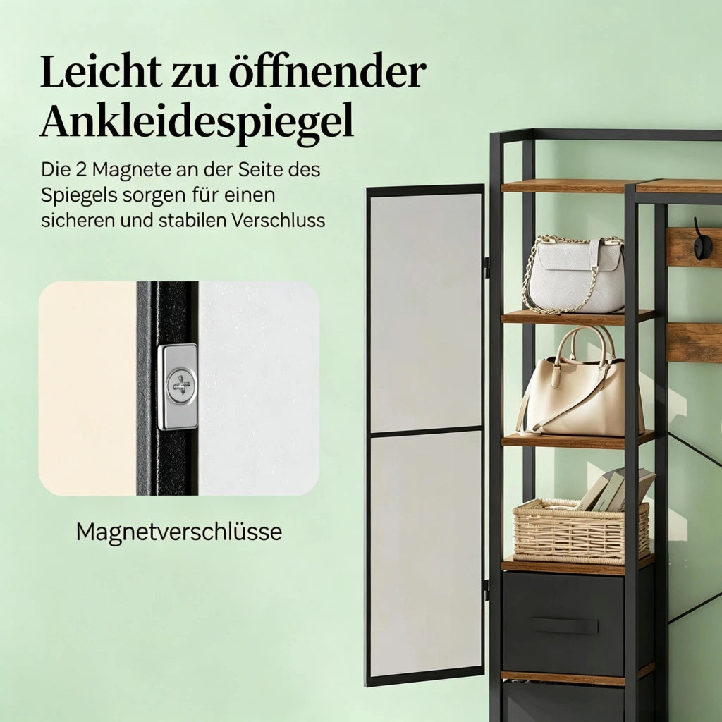 Mobile da ingresso 6-in-1 con specchio; ganci; cassetti; panca e scarpiera; metallo e legno; nero e marrone rustico