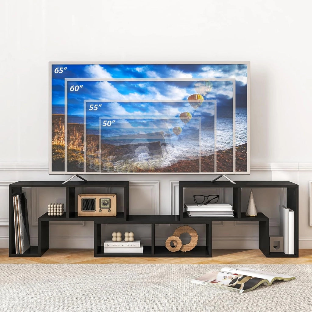 Mobile Porta TV Combinabile con Ripiani Aperti, per TV Fino a 65 Pollici, Mobile TV di Legno per Camera da Letto, Soggiorno, Capacità di Carico Massima 80 kg, 134-180 x 30 x 43 cm (Nero)
