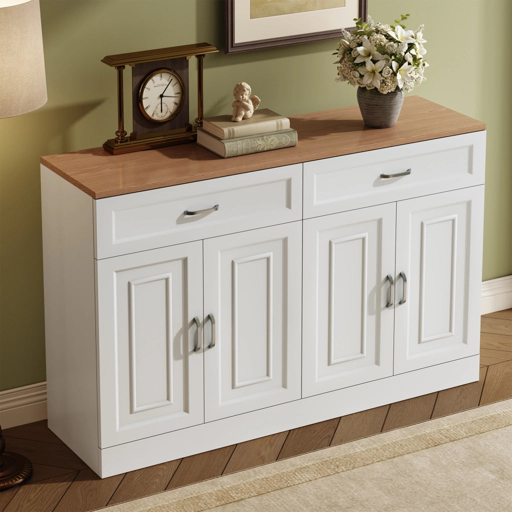 Credenza con 4 Ante; 2 Cassetti e Ripiani Regolabili; Stile Moderno; in Pannelli di Truciolare; Bianco; 120??35??80;5 cm