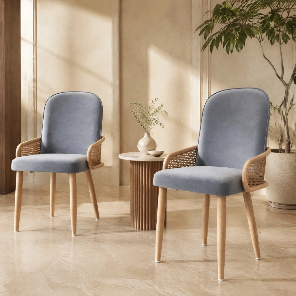 Sedia da pranzo girevole no; in velluto grigio con dettagli in PE rattan e gambe in metallo; set 2 pezzi