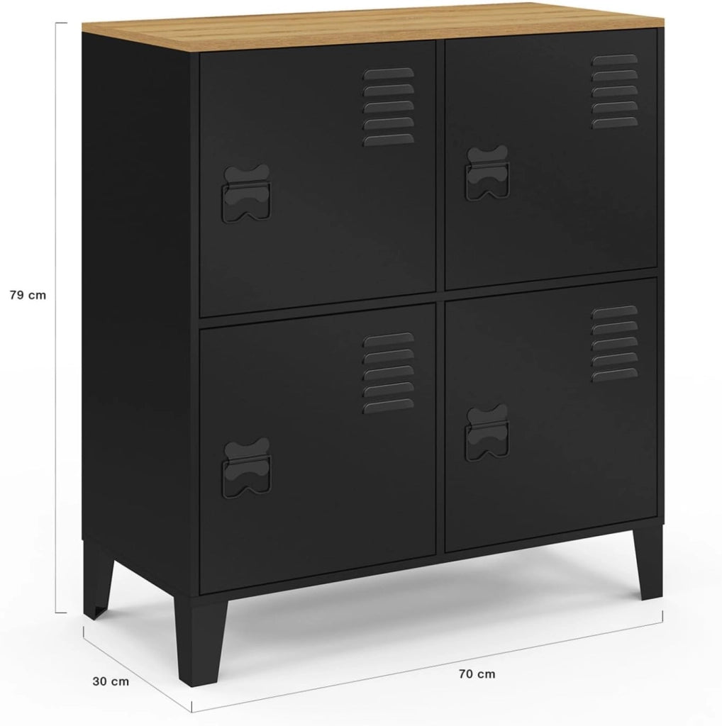 ESTER Credenza a 4 ante in metallo nero con piano in legno dal design industriale, altezza 70 cm