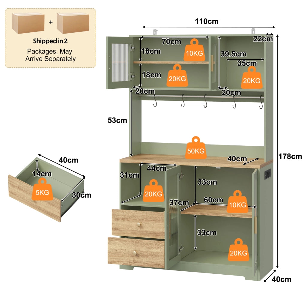 Credenza alta con vetrina, LED e prese USB, 4 ante in vetro temperato, per cucina, verde, 40 × 110 × 178 cm