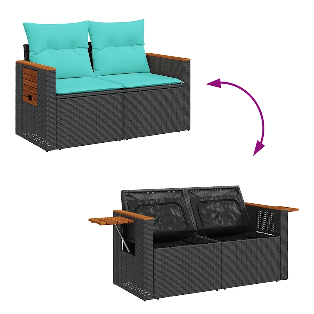 Set Divani da Giardino 9 pz con Cuscini Nero in Polyrattan