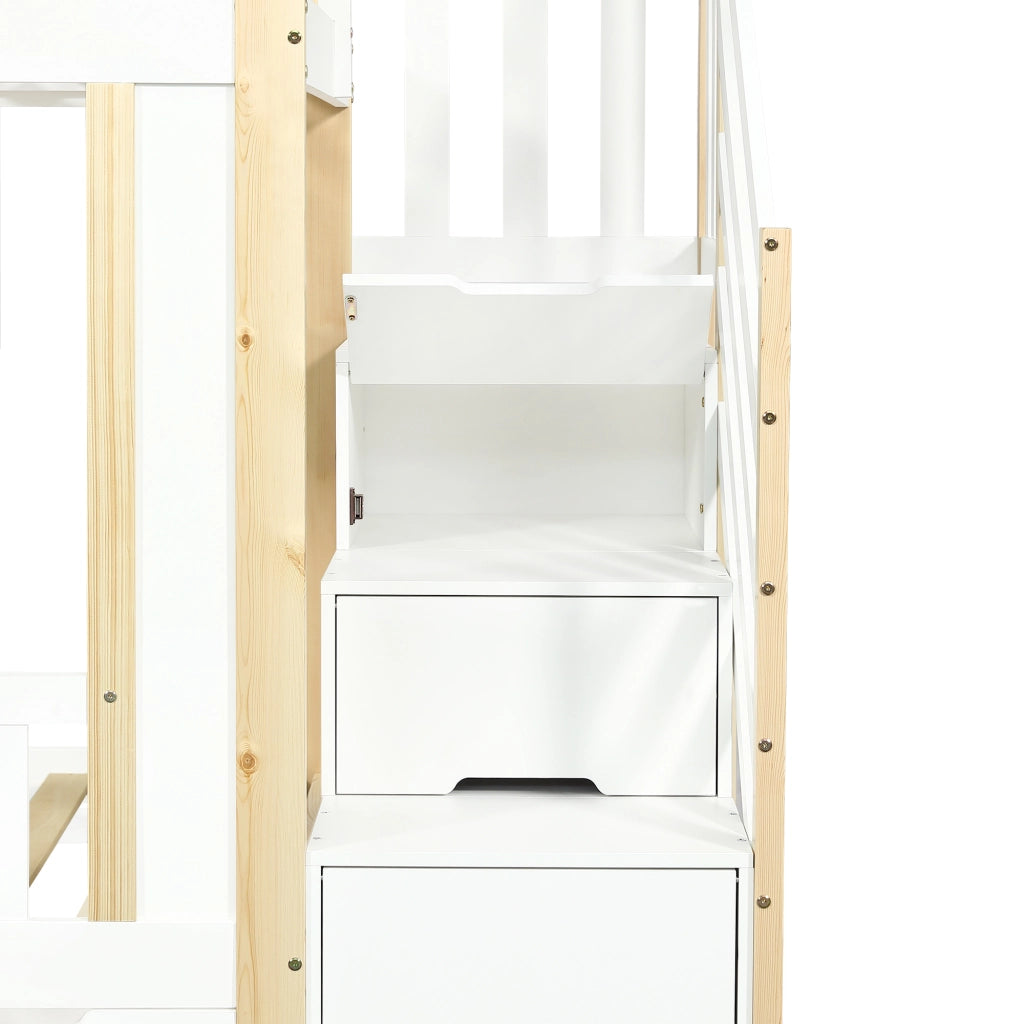 LETTO A CASTELLO BAMBINI 90x200 cm Bianco+Naturale con 3 cassetti e scala contenitore