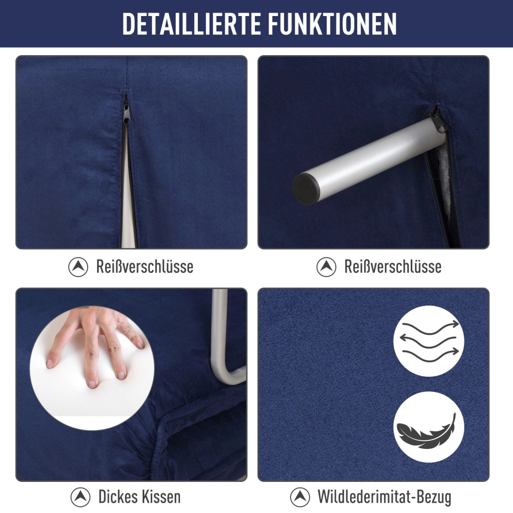 Divano letto 2 posti con schienale reclinabile e cuscini sfoderabili in poliestere blu con struttura in metallo