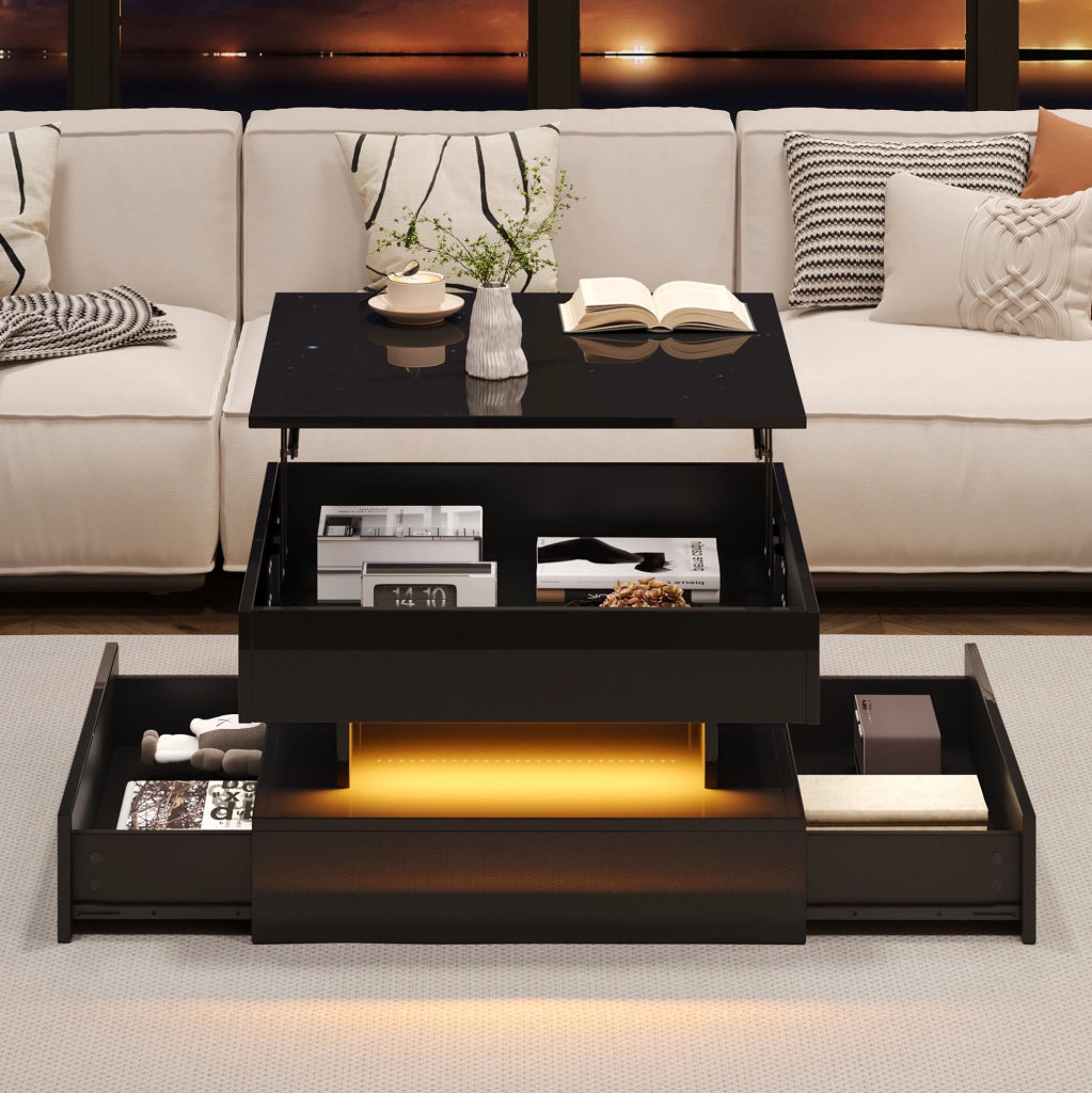 Tavolino da caff猫 65x65x38.5 cm; piano sollevabile con 2 cassetti; pannello truciolare nero