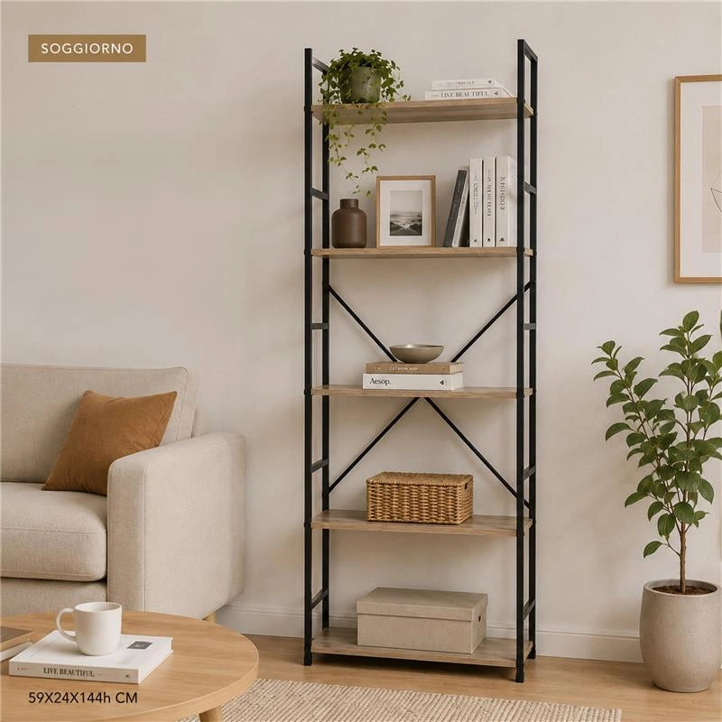 LIBRERIA STILE INDUSTRIAL A 5 RIPIANI IN LEGNO E METALLO DIMENSIONI 59X24X144CM - COLORE ROVERE