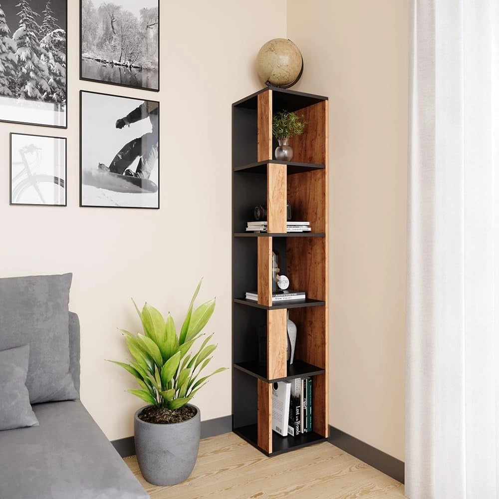 Scaffale angolare Lio, Quercia dorata, 33.3 x 162.2 cm, per riporre libri e decorazioni negli angoli della stanza