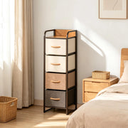 Cassettiera stretta ULEVR 31x29x99 cm con 4 cassetti in tessuto, MDF e acciaio, beige e marrone