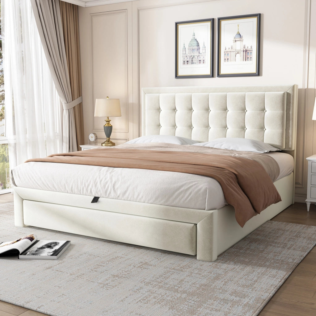 Letto imbottito 140x190 cm con testiera regolabile; contenitore; velluto beige