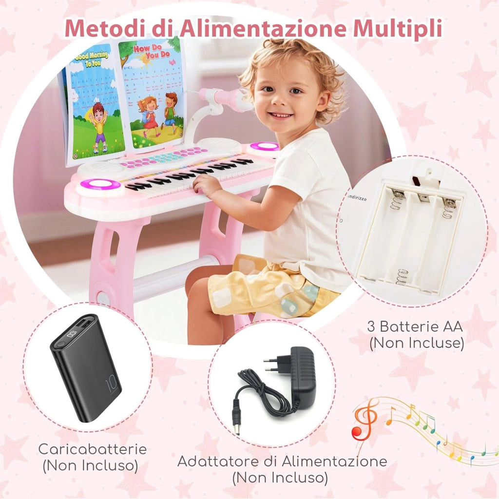 Tastiera Pianoforte a 37 Tasti per Bambini, Piano Elettronico per Bambini con Microfono, Sgabello e Supporto per Spartiti, 8 Ritmi e 8 Strumenti, per Bambini 18+ Mesi (Rosa)