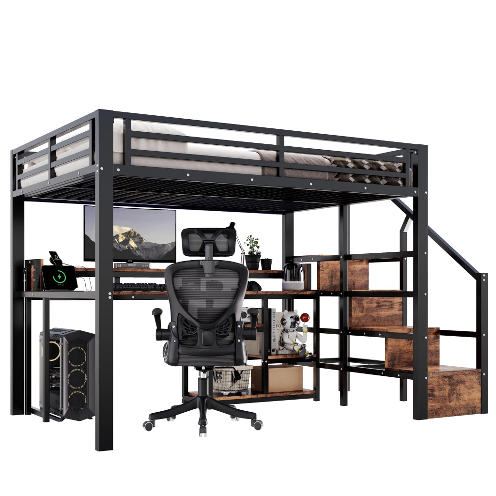 Letto a soppalco 140×200 cm con scala; ripiano; USB e Type-C; LED; senza materasso; metallo; nero